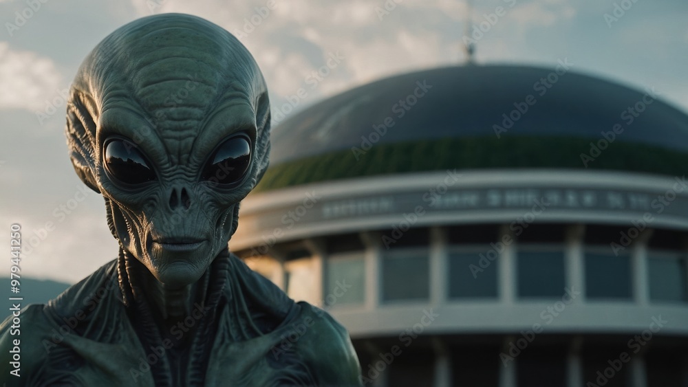 Alien lands on Earth with a futuristic saucer making a grand and unforgettable entrance Alien lands on Earth with a futuristic saucer making a grand and unforgettable entrance