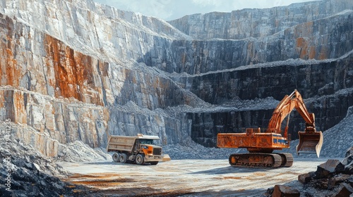 Heavy machinery working in a limestone quarry, with a backhoe digging and a truck ready for loading, a vast open pit mine