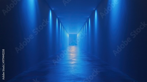 A serene blue hallway illuminated by soft lights, creating a captivating and mysterious atmosphere for creative projects.