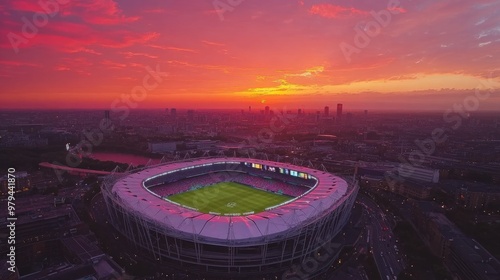 High-angle aerial of Wembley Stadium during a sunset concert, with pink and orange skies framing the iconic venue and vibrant city below.