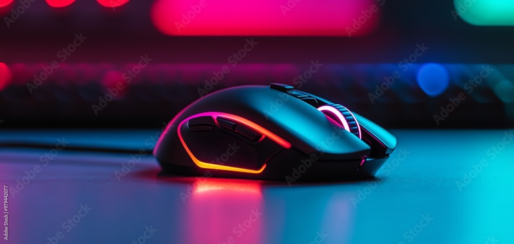 Close-up of a modern gaming mouse with colorful LED lights glowing against a vibrant background, ideal for tech and gaming themes. Close-up of a modern gaming mouse with colorful LED lights glowing against a vibrant background, ideal for tech and gaming themes.