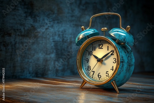 Wallpaper Mural A classic alarm clock with a gold frame and blue face illuminated against a dark background, representing time and punctuality. Torontodigital.ca