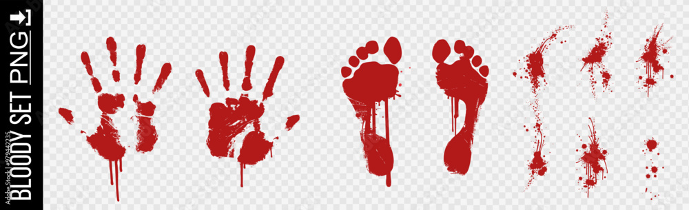 Set blood traces. Vector set blood, stains and marks. Bloody hands and feet on transparent background. Set bloody textures with remains of traces. Blood stains and splatters on transparent background Set blood traces. Vector set blood, stains and marks. Bloody hands and feet on transparent background. Set bloody textures with remains of traces. Blood stains and splatters on transparent background