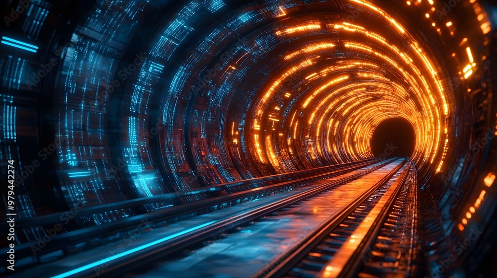 A futuristic tunnel illuminated by glowing orange and blue light trails, showcasing high-tech railway tracks in a sci-fi setting with an energy vortex and circular perspective. A futuristic tunnel illuminated by glowing orange and blue light trails, showcasing high-tech railway tracks in a sci-fi setting with an energy vortex and circular perspective.