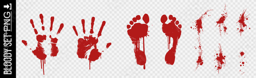 Set blood traces. Vector set blood, stains and marks. Bloody hands and feet on transparent background. Set bloody textures with remains of traces. Blood stains and splatters on transparent background