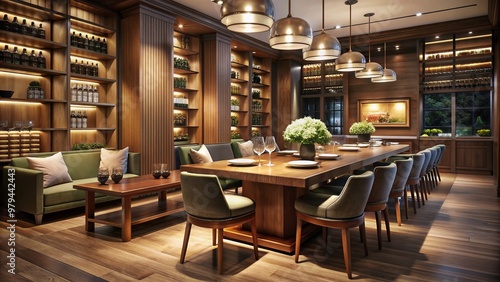 Elegant dining area with dim lighting, wooden tables, and comfortable seating, surrounded by wine shelves and a partially visible kitchen in the background.