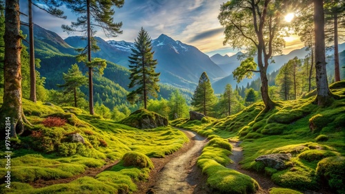 Serene mountain landscape with a winding dirt trail, moss-covered trees, and vibrant green foliage, inviting exploration and adventure in the great outdoors.