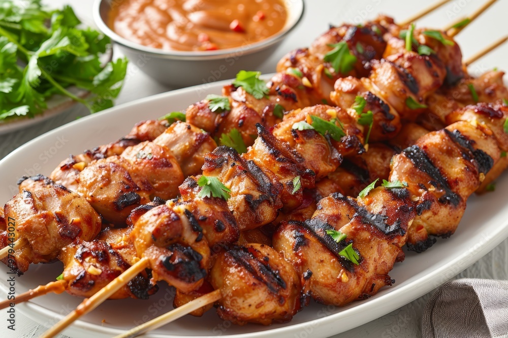 Thai chicken satay with a side of peanut sauce Thai chicken satay with a side of peanut sauce