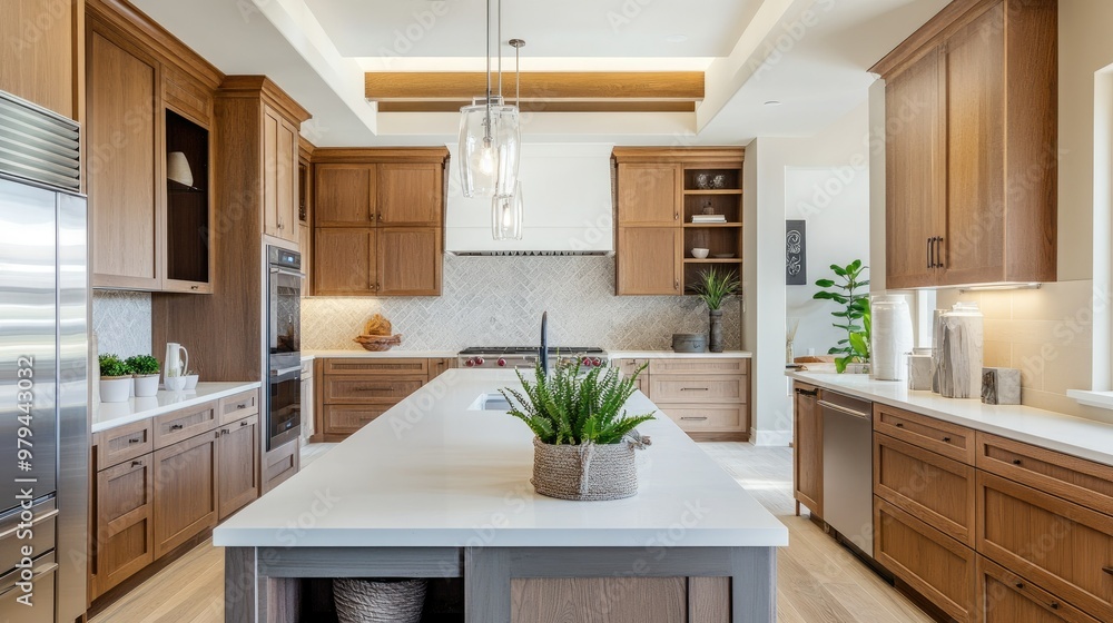 High-end kitchen with built-in wooden cabinets, a white top island, and a gray stone splashback. The sunlight creates a cozy and inviting atmosphere. High-end kitchen with built-in wooden cabinets, a white top island, and a gray stone splashback. The sunlight creates a cozy and inviting atmosphere.