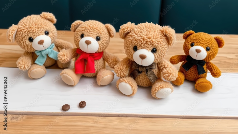 Four Teddy Bears Sitting on a White Table Four Teddy Bears Sitting on a White Table