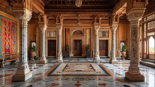 Majestic Grand Indian Palace Hall Featuring Intricate Marble Inlays Vibrant Tapestries and Exquisite Carved Wooden Columns Showcasing Royal Heritage Decor