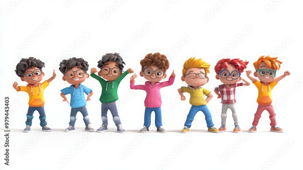 Fototapeta premium Seven cartoon boys stand in a row, all smiling and wearing glasses.