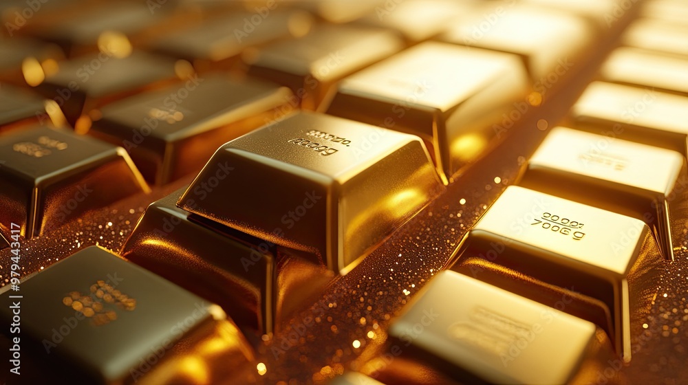 High-quality 3D render of gold bars neatly stacked on a glowing gold background, representing financial success, richness, and prosperity High-quality 3D render of gold bars neatly stacked on a glowing gold background, representing financial success, richness, and prosperity