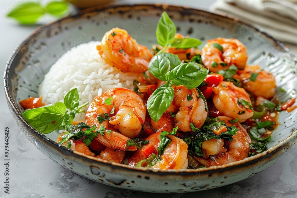 Thai basil shrimp stir-fry with steamed rice Thai basil shrimp stir-fry with steamed rice
