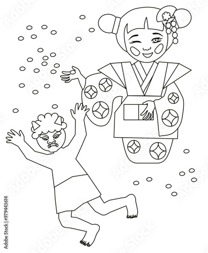 Vector coloring page of Setsubun festival with kokeshi and demon.