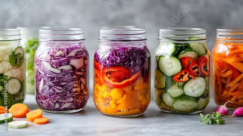 Glass jars filled with vibrant pickled vegetables displayed on a white marble countertop, emphasizing healthy probiotics and diverse textures in food photography with soft natural lighting.