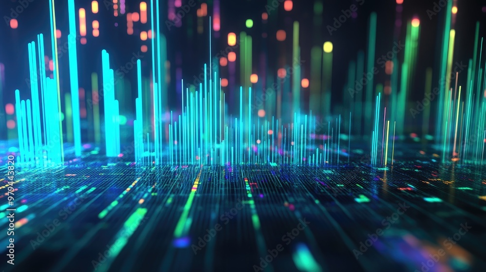 Vibrant 3D bar chart in blue and green, with a digital interface overlay, set against a dark background Vibrant 3D bar chart in blue and green, with a digital interface overlay, set against a dark background