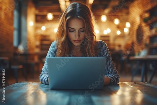 A young woman focused on her laptop in a cozy, dimly lit cafe setting, representing concentration and remote work.