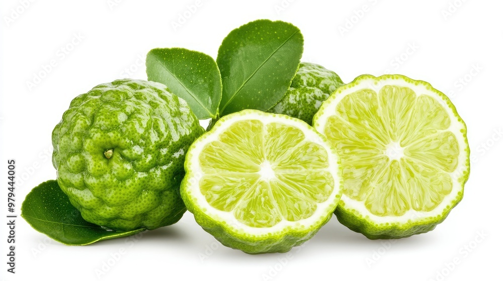 High-quality image of green bergamot fruits, with one cut in half, isolated on a clean white background. Ample copy space.