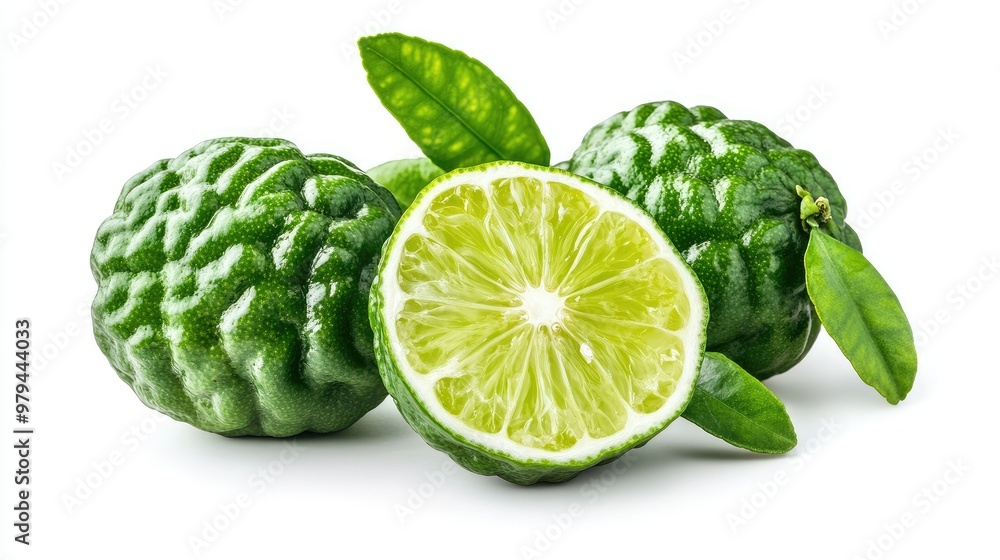 Fototapeta premium High-quality image of green bergamot fruits, with one cut in half, isolated on a clean white background. Ample copy space.
