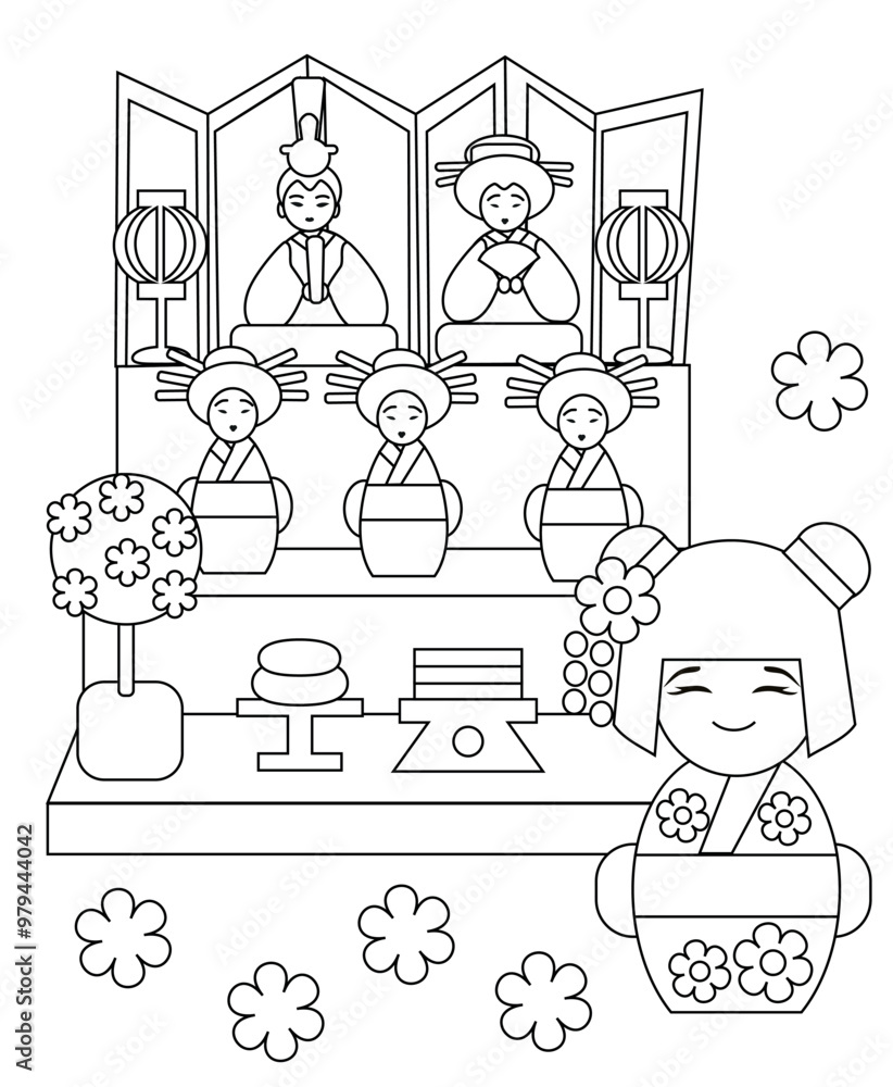 Vector illustration coloring Hinamatsuri, kokeshi girl on hina kazari ...