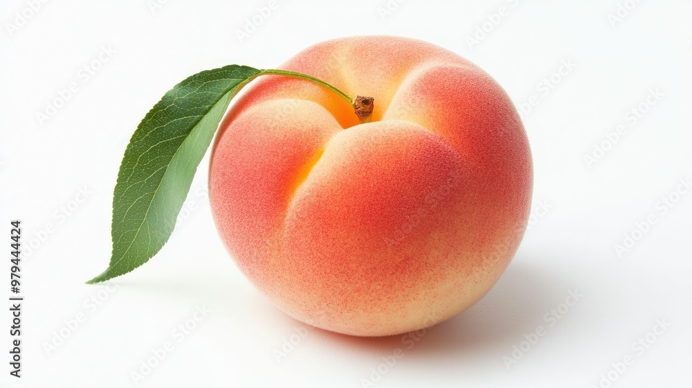 High-resolution image of a Japanese white peach with a leaf attached, isolated on a clean white surface. Clipping path included. High-resolution image of a Japanese white peach with a leaf attached, isolated on a clean white surface. Clipping path included.