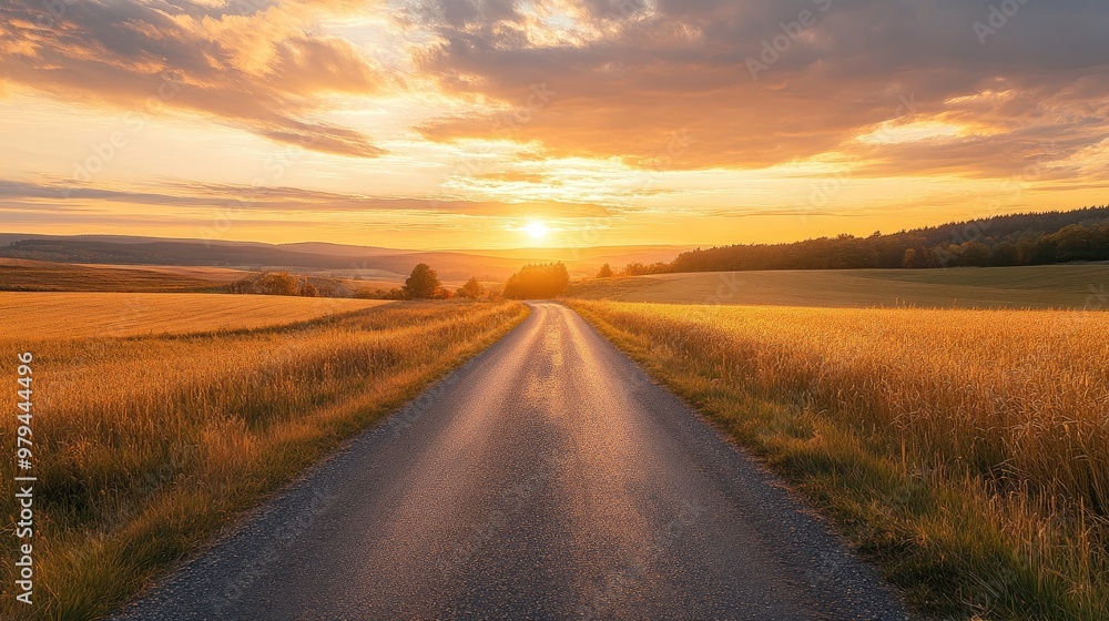 Wide shot of a picturesque road leading through a golden field at sunset, with dramatic sky colors and long shadows Wide shot of a picturesque road leading through a golden field at sunset, with dramatic sky colors and long shadows