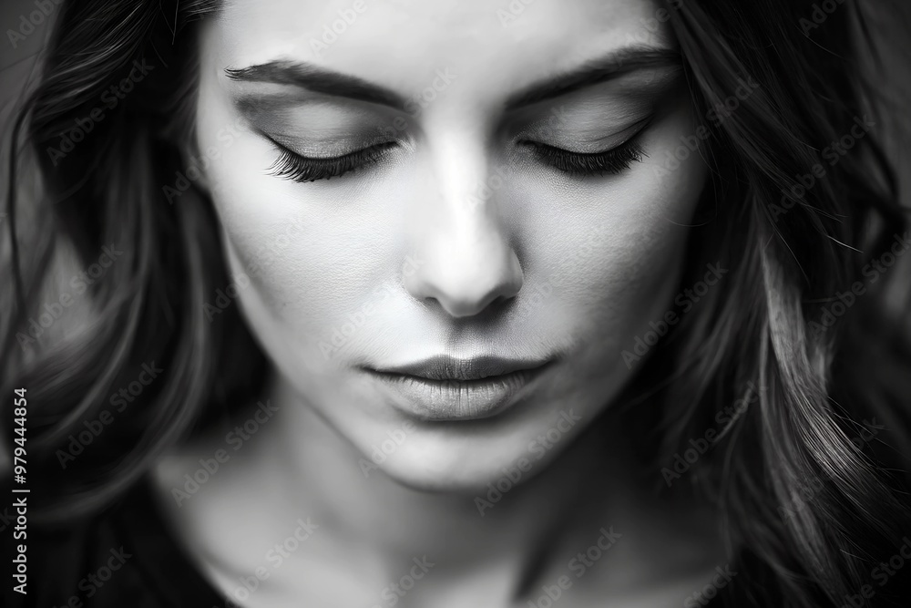 A close-up monochrome portrait showcasing the serene expression of a person with closed eyes, highlighting the beauty of calmness. A close-up monochrome portrait showcasing the serene expression of a person with closed eyes, highlighting the beauty of calmness.