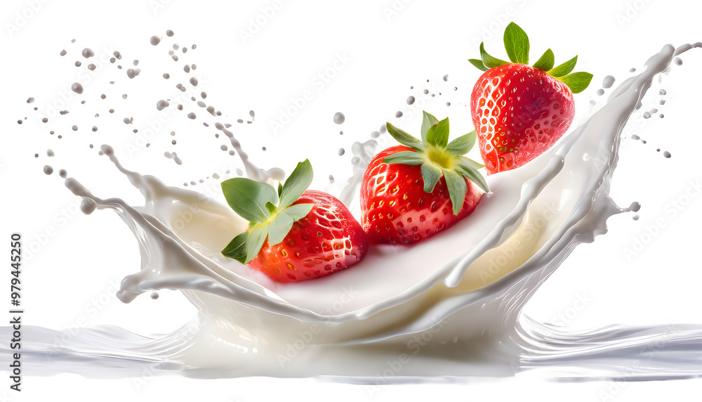 Milk or yogurt splash with strawberry Splash on a white isolated background. Generative AI. Milk or yogurt splash with strawberry Splash on a white isolated background. Generative AI.