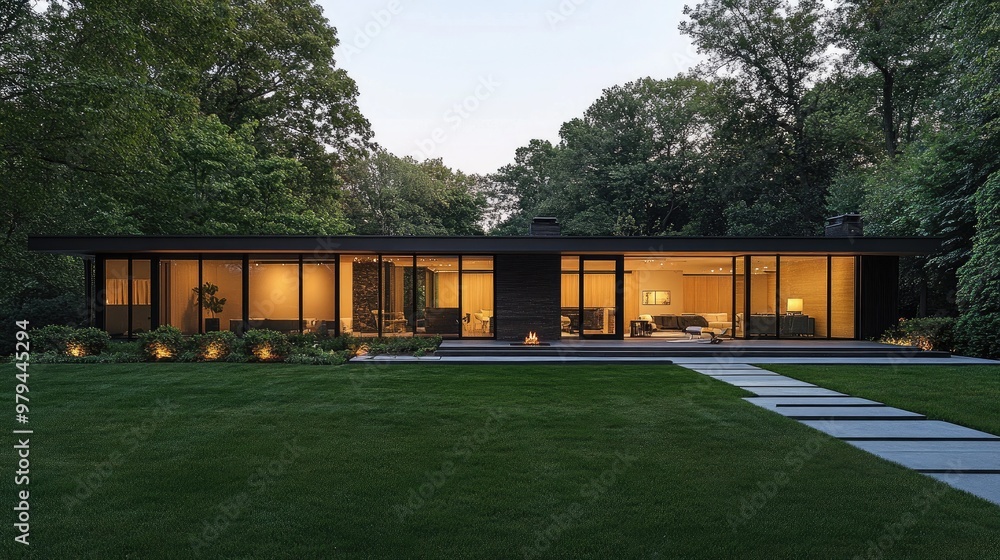 Wide view of a minimalist home exterior with clean lines, large glass windows, and a simple, modern design Wide view of a minimalist home exterior with clean lines, large glass windows, and a simple, modern design