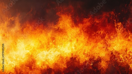 A blazing fire with intense flames engulfing the background, creating a dramatic scene of conflagration and heat.