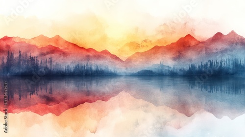 Fototapeta Naklejka Na Ścianę i Meble -  A painting of a mountain range with a lake in the foreground