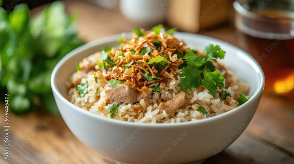 Homemade boiled rice with pork in a white bowl, topped with fresh green herbs and fried shallots, with a cup of hot tea in the background on a wooden table Homemade boiled rice with pork in a white bowl, topped with fresh green herbs and fried shallots, with a cup of hot tea in the background on a wooden table