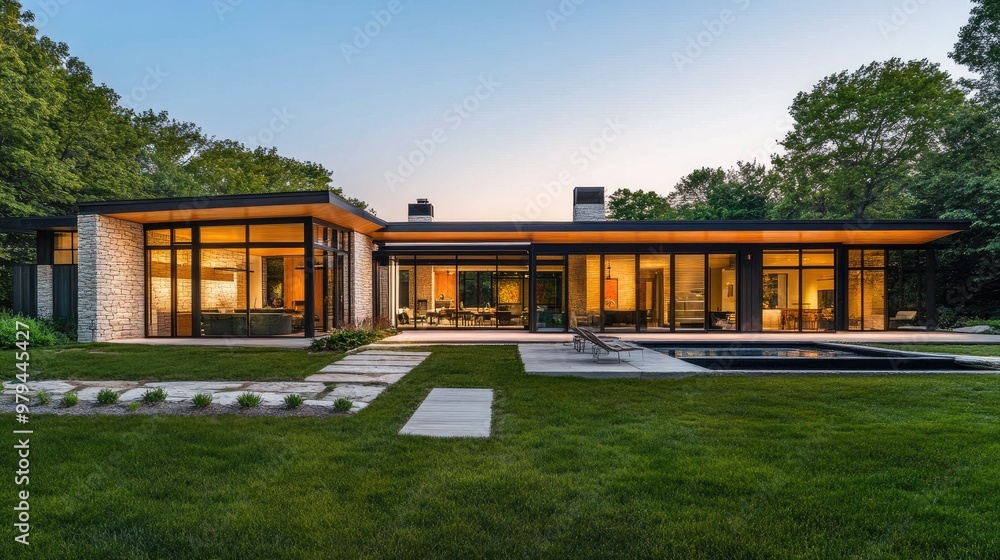 Wide view of a minimalist home exterior with clean lines, large glass windows, and a simple, modern design Wide view of a minimalist home exterior with clean lines, large glass windows, and a simple, modern design