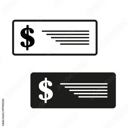 Dollar bill icon. Money symbol with text lines. Simple rectangular design. Vector illustration.