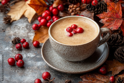 Cozy autumn latte with latte art, surrounded by coffee beans and fall leaves.