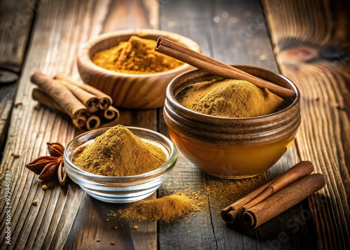 Vibrant still life of guduchi powder mixed with honey and cinnamon sticks on rustic wooden background with natural light and shallow depth of field. photo