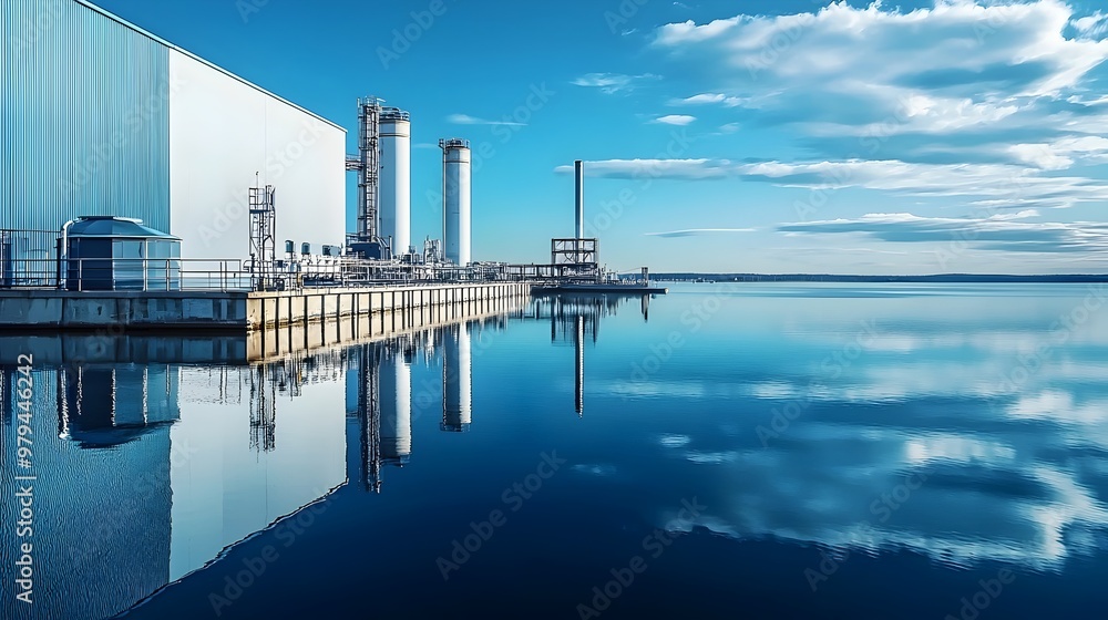 Reflection of Wave Power Station on Tranquil Ocean Landscape with Serene Renewable Energy