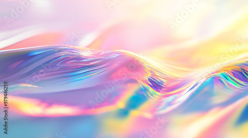 Floating prisms refract a rainbow of colors across a soft, gradient background, creating subtle, dynamic waves of light from violet to yellow.