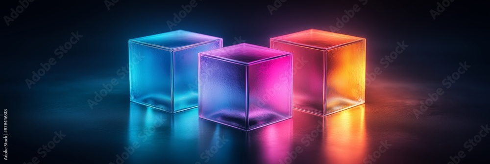 Abstract background with glowing holographic cubes on a dark blue, black and neon colored background Abstract background with glowing holographic cubes on a dark blue, black and neon colored background