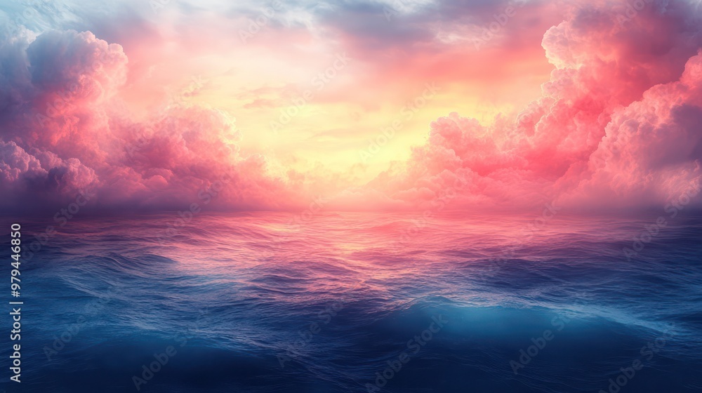 A beautiful ocean scene with a pink and purple sky A beautiful ocean scene with a pink and purple sky
