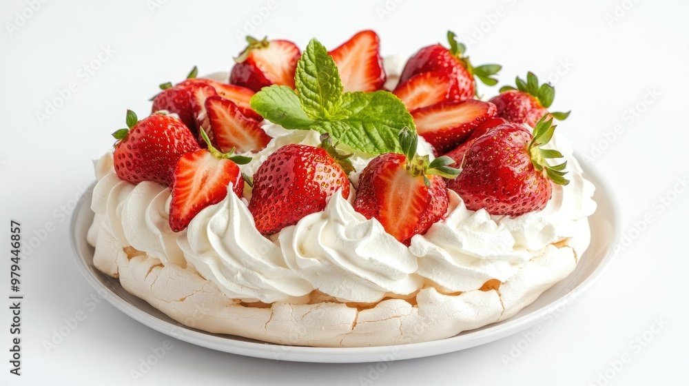 Homemade Pavlova cake on a white ceramic plate, decorated with whipped mascarpone and sliced strawberries, isolated on a white background Homemade Pavlova cake on a white ceramic plate, decorated with whipped mascarpone and sliced strawberries, isolated on a white background