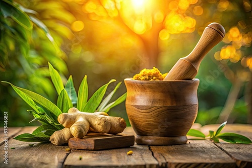 Warm golden-hour shot of guduchi and ginger mixture in wooden mortar amidst blurred green foliage with low-key lighting and textured stone background. photo