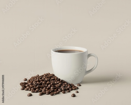 A steaming cup of coffee beside a heap of rich, aromatic coffee beans on a soft, neutral background, perfect for coffee lovers.