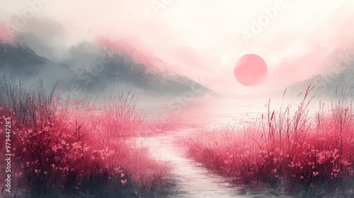 Fototapeta Naklejka Na Ścianę i Meble -  A painting of a pink and purple landscape with a sun in the sky