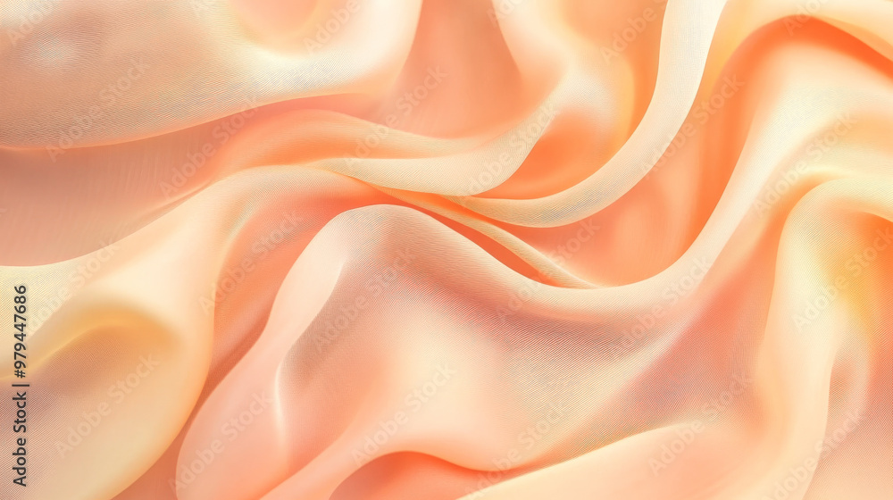 Obraz premium Fluid waves of silk in pastel tones of peach and light yellow, creating an abstract, flowing background with gentle folds and soft shadows.