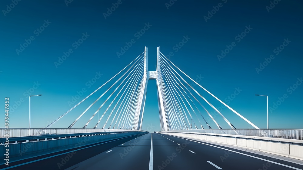 Obraz premium A modern cable-stayed bridge under a bright blue sky, characterized by white suspension cables and a symmetrical design, highlighting its architectural beauty in a sunlit environment.
