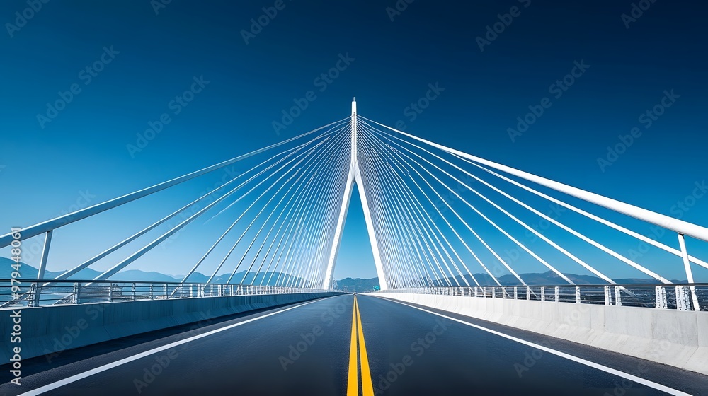 A modern cable-stayed bridge under a bright blue sky, characterized by white suspension cables and a symmetrical design, highlighting its architectural beauty in a sunlit environment. A modern cable-stayed bridge under a bright blue sky, characterized by white suspension cables and a symmetrical design, highlighting its architectural beauty in a sunlit environment.
