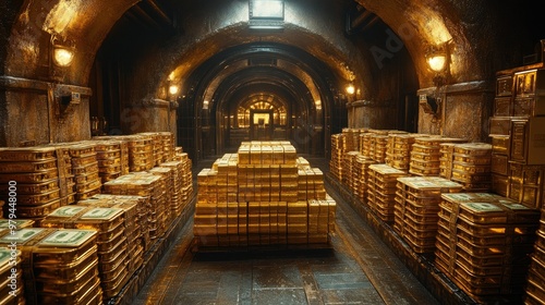 A bank vault filled with stacks of money and gold bars photo