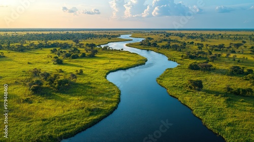 Fototapeta Naklejka Na Ścianę i Meble -  A river runs through a grassy plain
